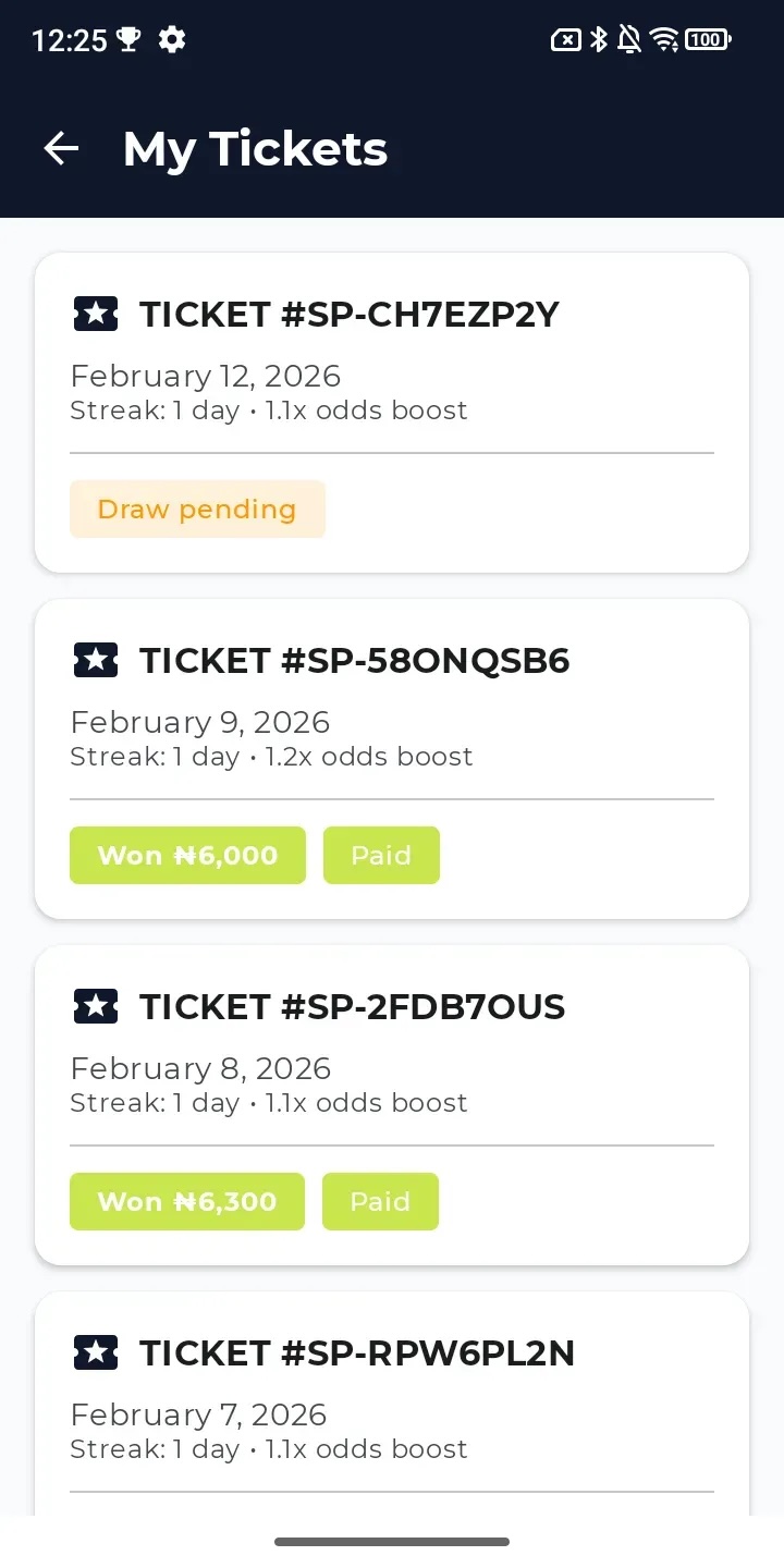 My tickets showing draw entries and wins
