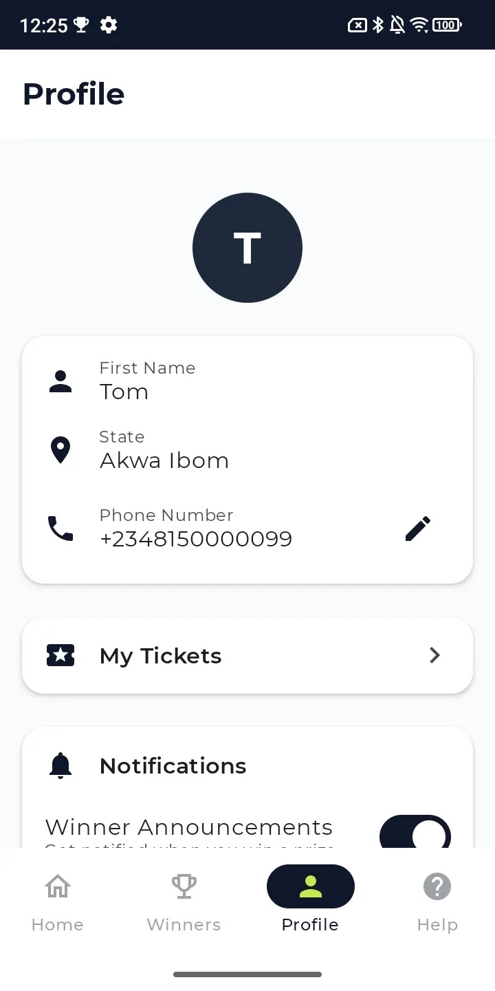 User profile screen